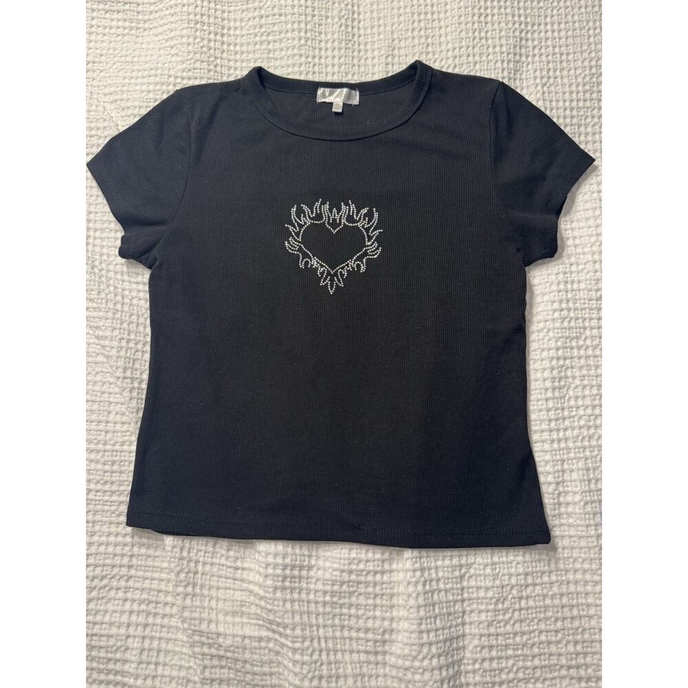 Riley & James Black Baby Tee XL Cropped Rhinestone Heart Flames Embellished Y2K